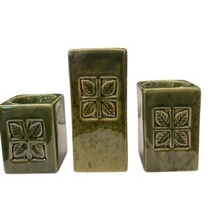 Vintage Three Tiered Green Ceramic Candle Holder Set MCM‎ Leaves Cottagecore